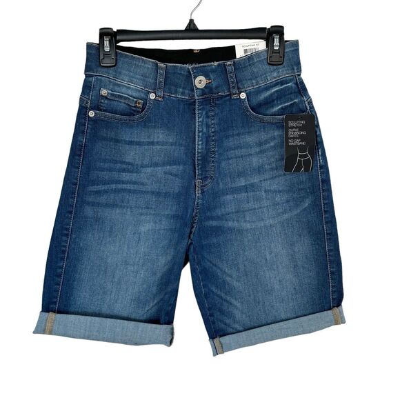 INC SZ 0/25 Sculpting Fit Bermuda Jean Shorts Zip-Fly Whiskered Stretch No-Gap - Picture 1 of 8